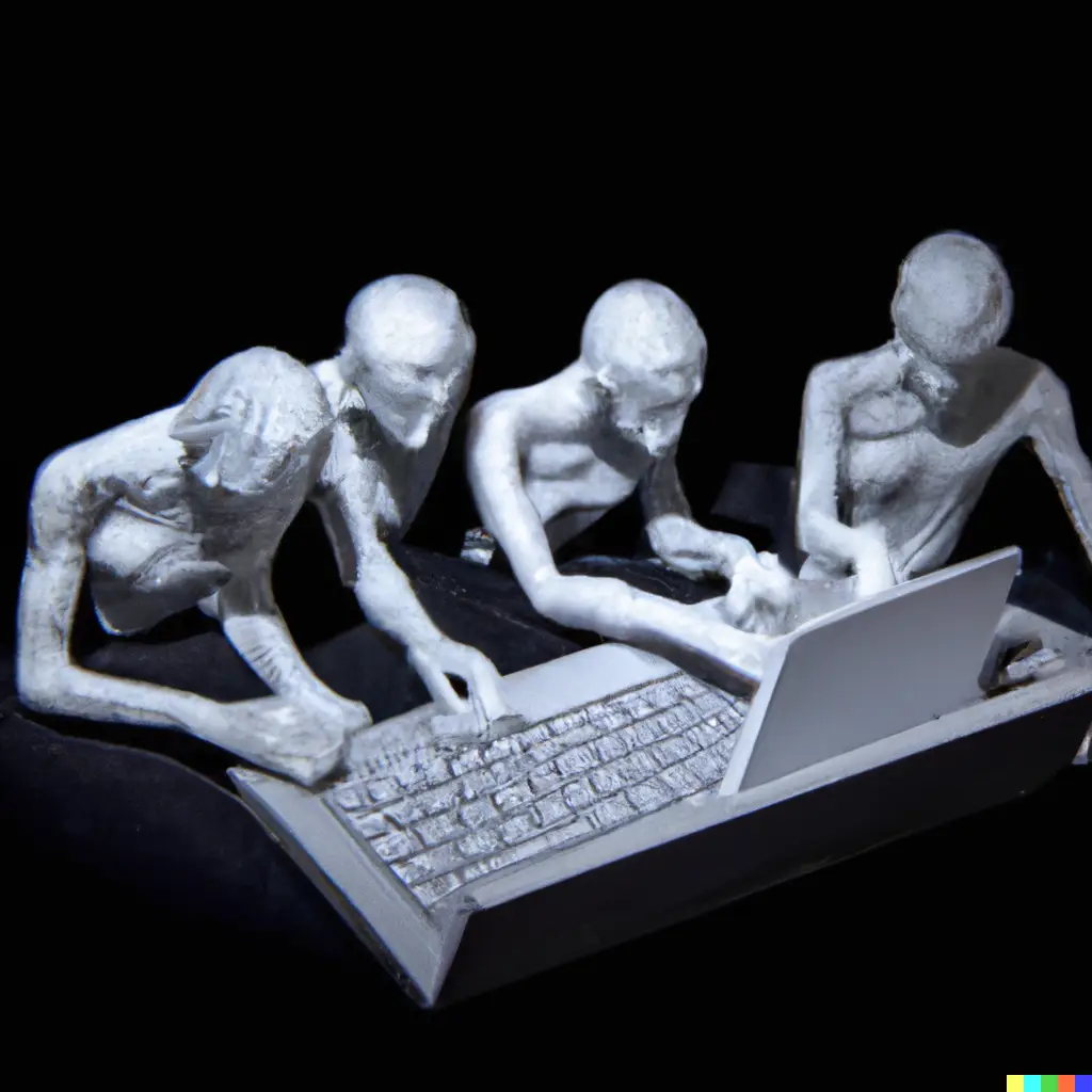 Steinzeitmenschen vor einem Computer, welche KI verwenden.