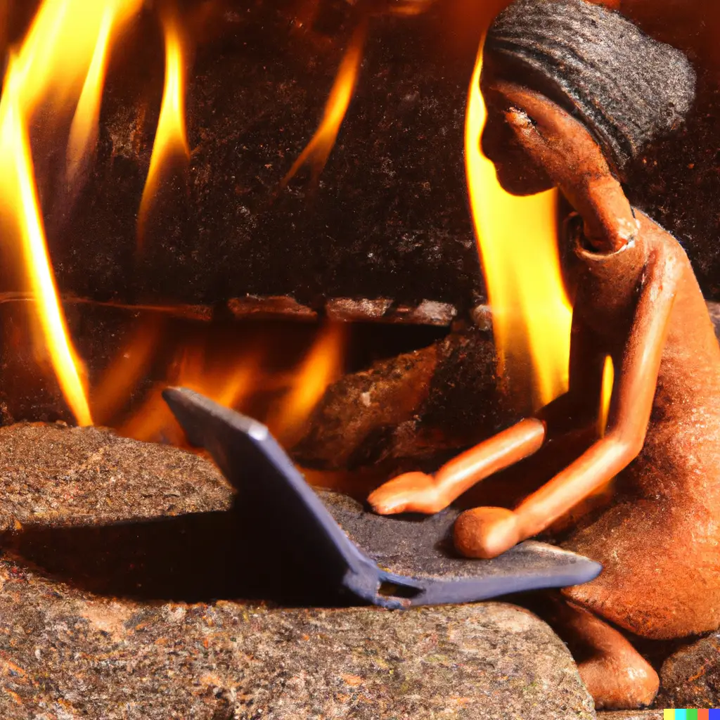 Steinzeitmensch vor dem Lagerfeuer mit einem Computer