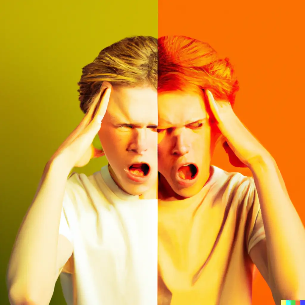 Im Bild ist ein Künstler zu sehen, der offensichtlich in einem Zwiespalt mit seinem inneren Ich steht: Artist vs. Ego